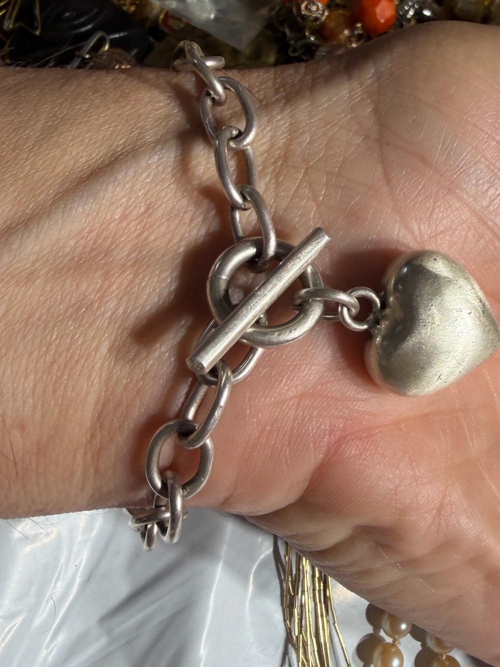 Vintage 925 Mexico Sterling Silver Puffy Heart Toggle Link Bracelet 7.5”